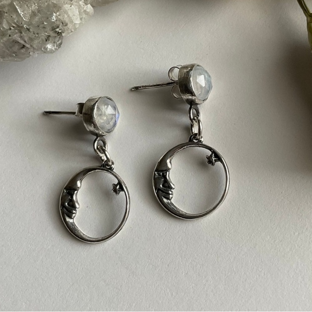 Sterling silver, moonstone Silver Moon Face Earrings